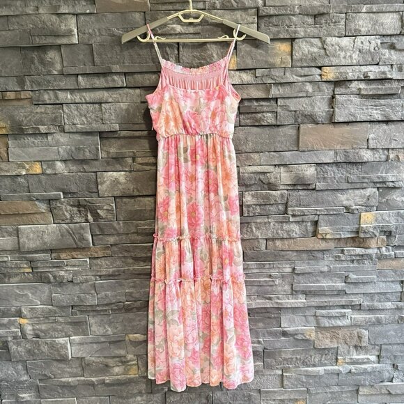 Altar’d State Tiered Maxi Floral Pink Dress Size Large NWT Coquette Slit Flowy - Picture 3 of 16
